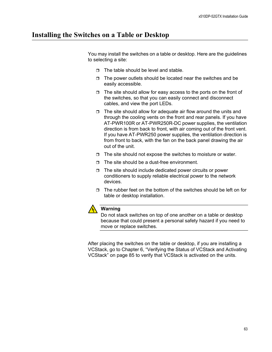 Installing the switches on a table or desktop | Allied Telesis AT-x510DP-52GTX User Manual | Page 63 / 129