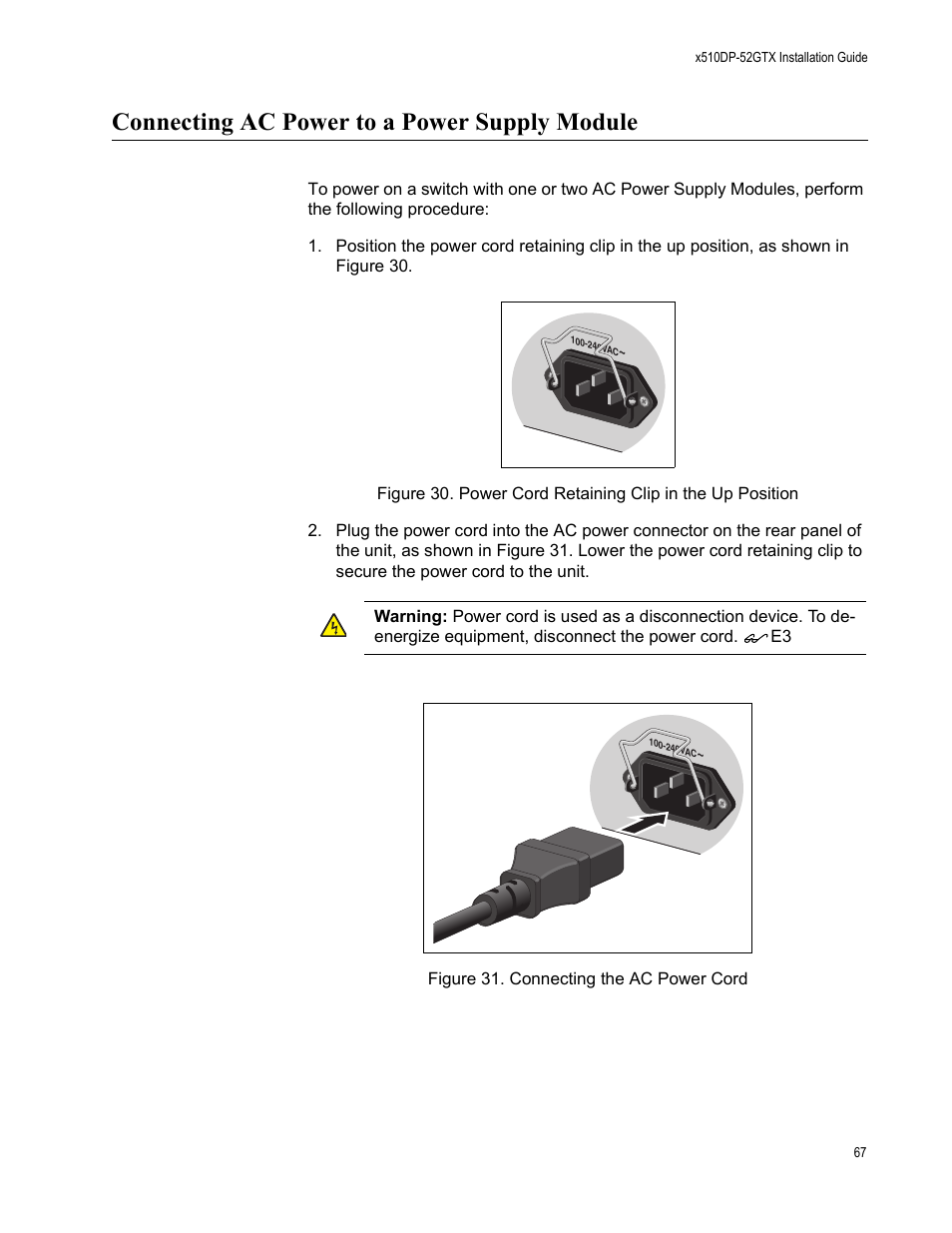 Connecting ac power to a power supply module, Le, see “connecting ac | Allied Telesis AT-x510DP-52GTX User Manual | Page 67 / 129