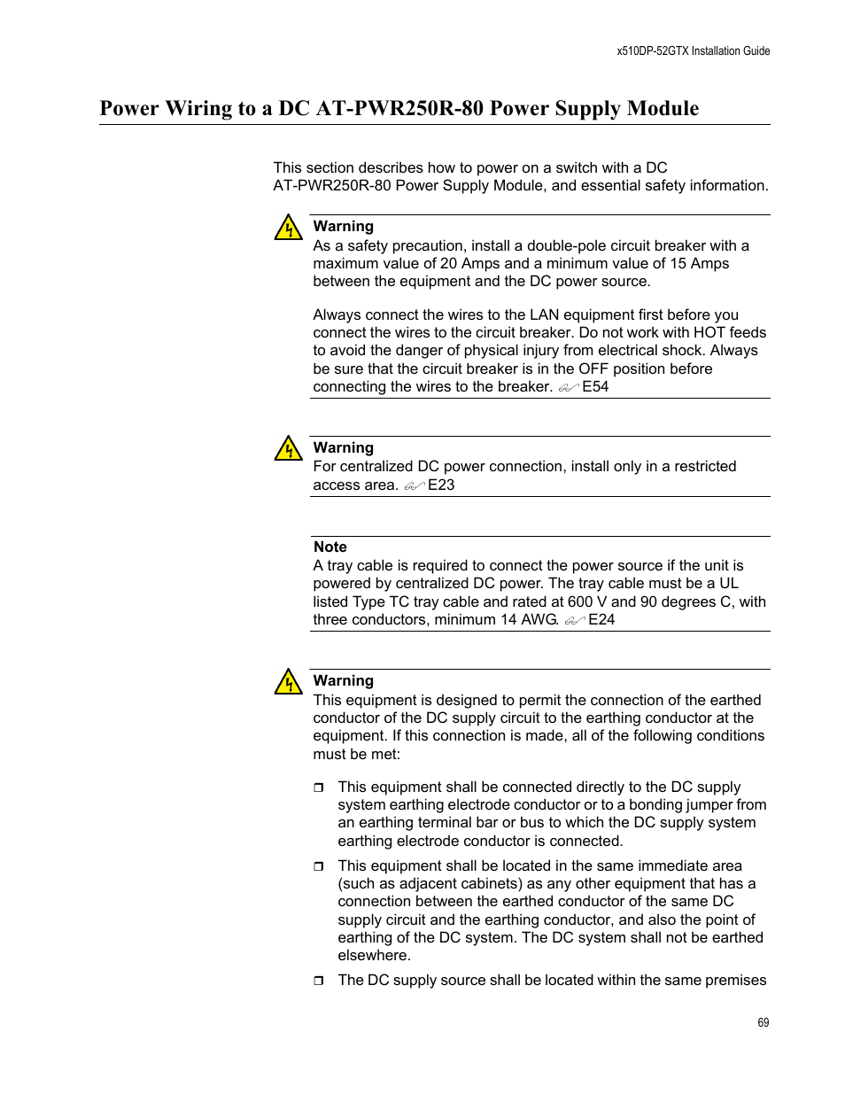 Power wiring to a | Allied Telesis AT-x510DP-52GTX User Manual | Page 69 / 129