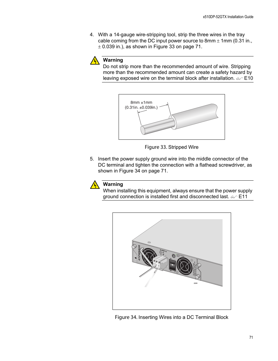 Figure 33, Figure 34, Inserting wires into a dc terminal block | Allied Telesis AT-x510DP-52GTX User Manual | Page 71 / 129