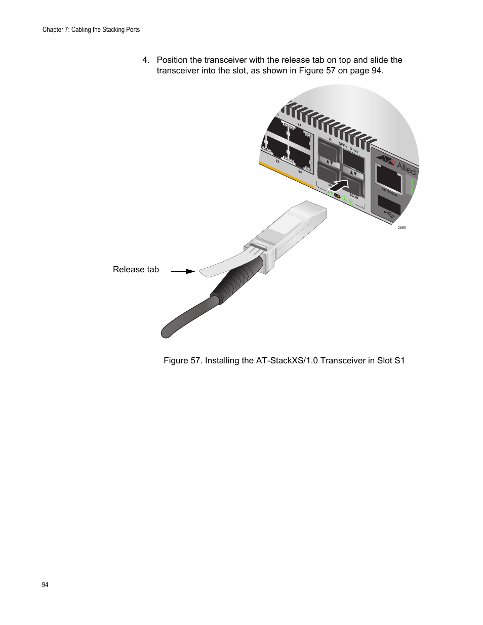 Release tab, Chapter 7: cabling the stacking ports 94 | Allied Telesis AT-x510DP-52GTX User Manual | Page 94 / 129