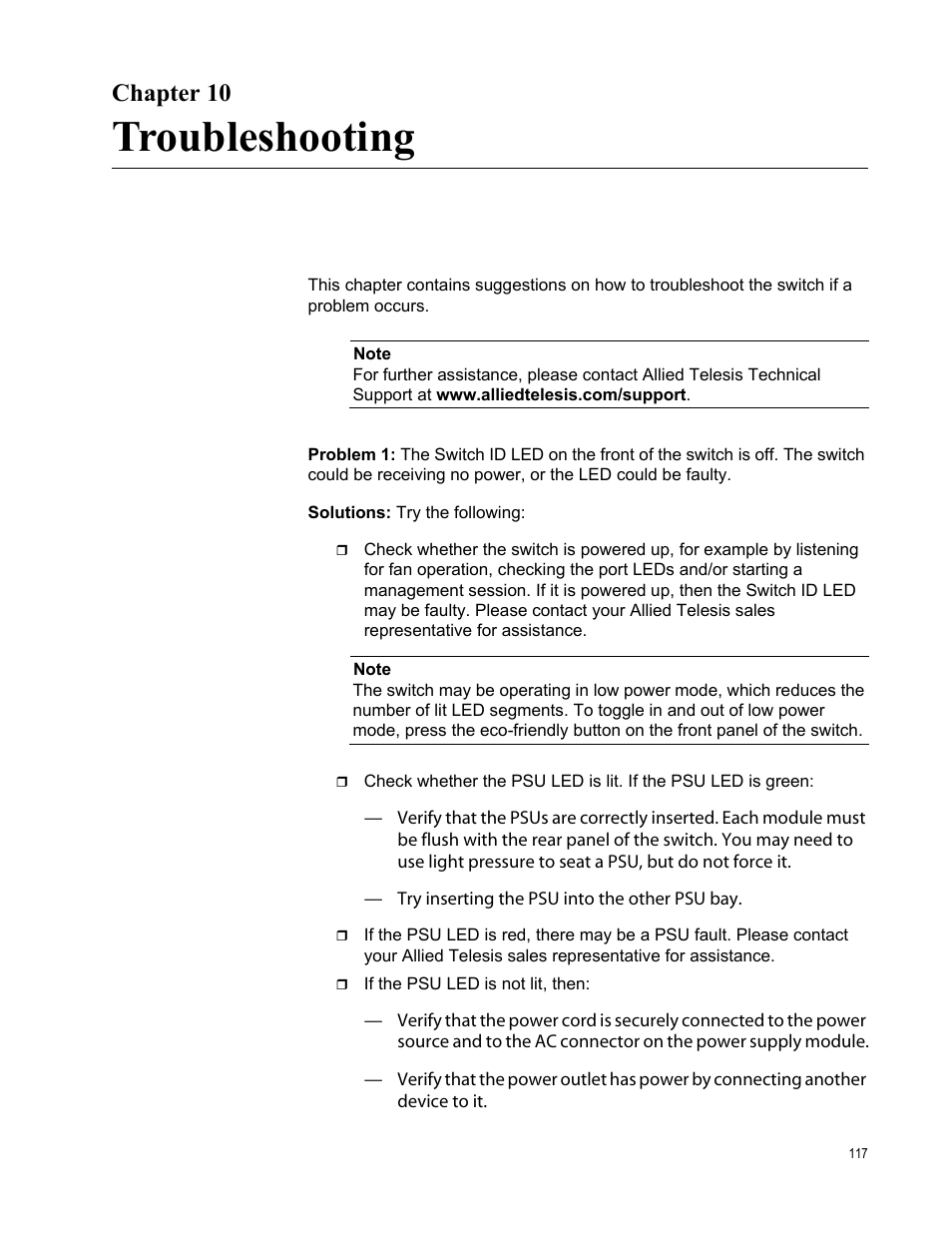Troubleshooting, Chapter 10 | Allied Telesis AT-IX5-28GPX User Manual | Page 117 / 129