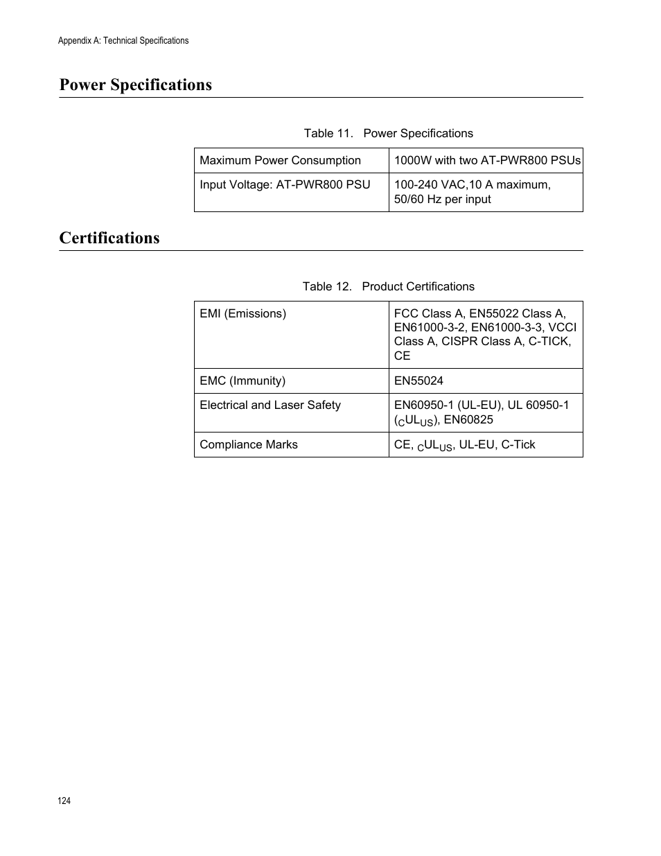 Power specifications, Certifications, Power specifications certifications | Allied Telesis AT-IX5-28GPX User Manual | Page 124 / 129