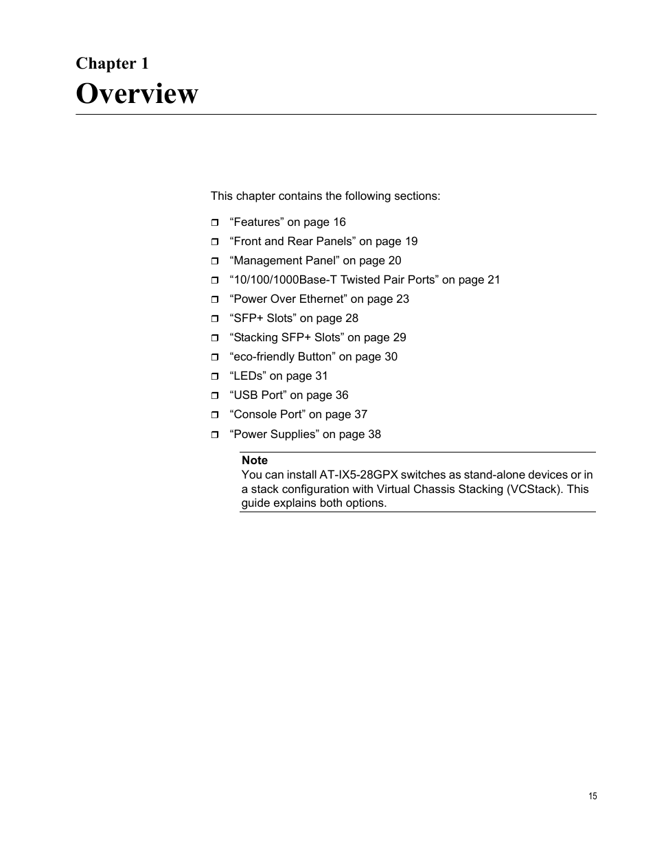 Overview, Chapter 1 | Allied Telesis AT-IX5-28GPX User Manual | Page 15 / 129