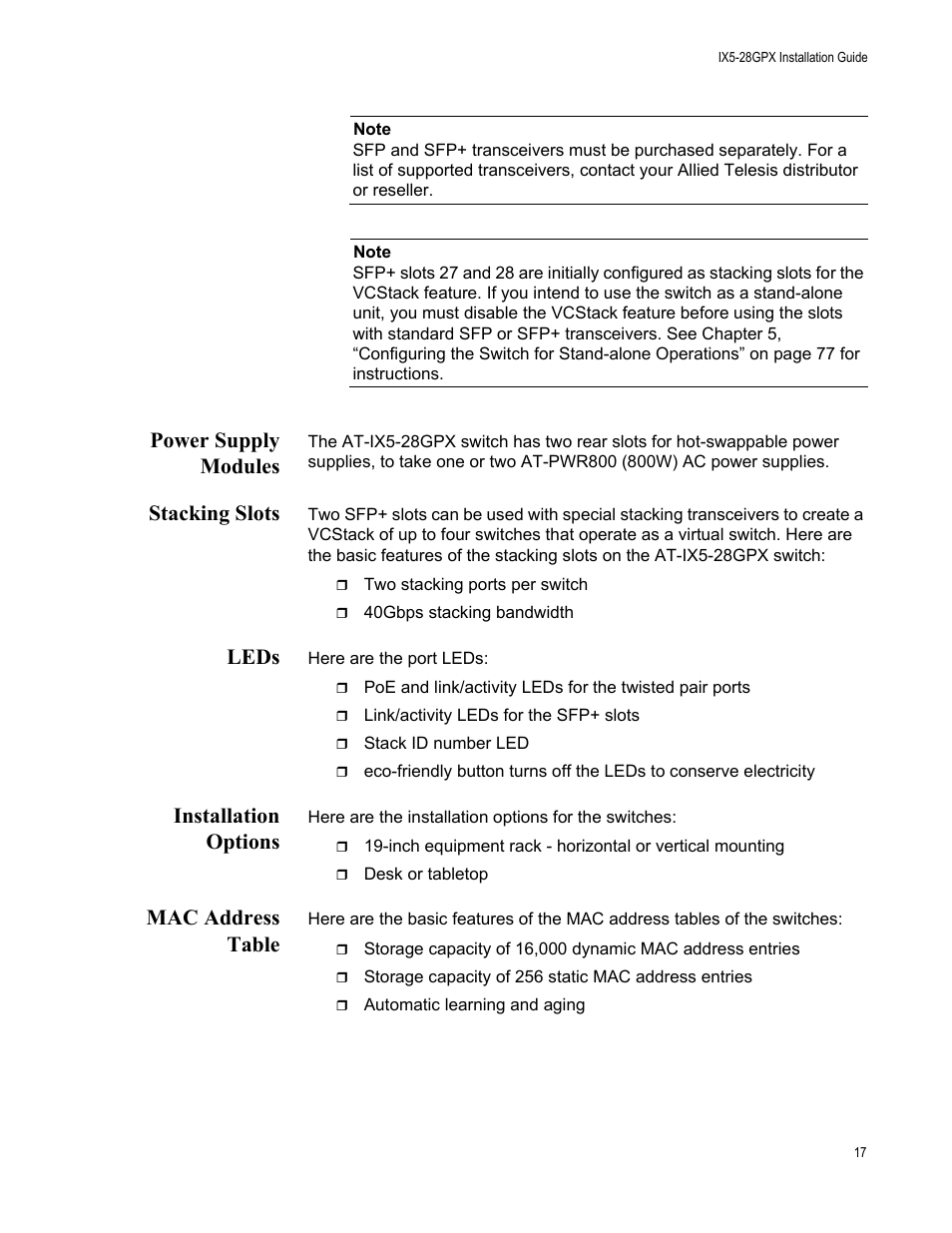 Power supply modules, Stacking slots, Leds | Installation options, Mac address table | Allied Telesis AT-IX5-28GPX User Manual | Page 17 / 129