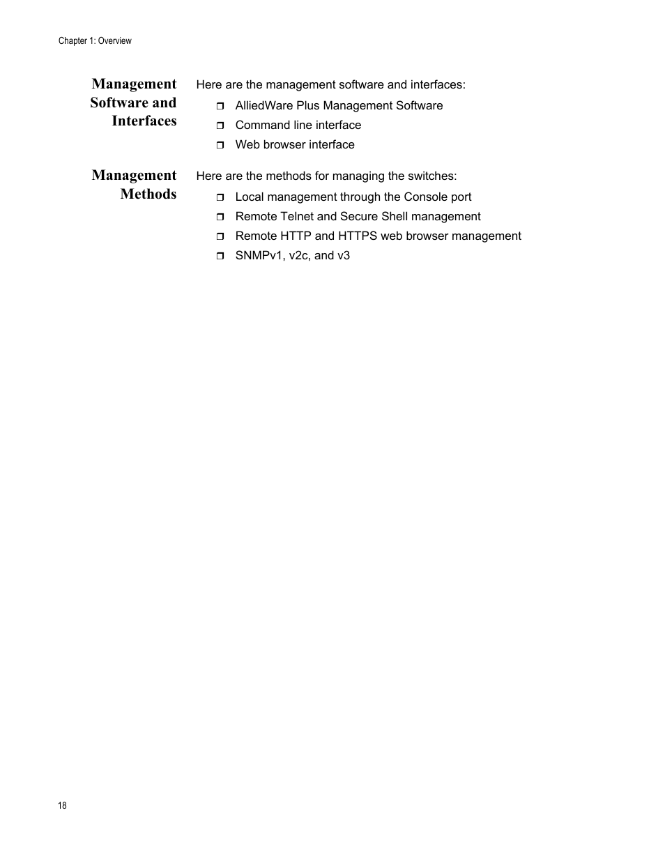 Management software and interfaces, Management methods | Allied Telesis AT-IX5-28GPX User Manual | Page 18 / 129