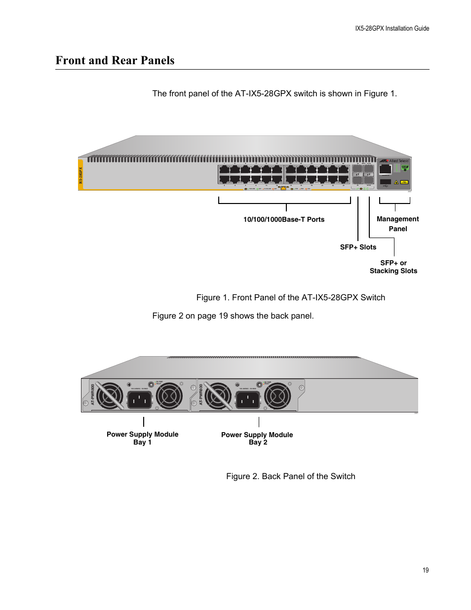 Front and rear panels, Power supply module bay 1, Power supply module bay 2 | Allied Telesis AT-IX5-28GPX User Manual | Page 19 / 129