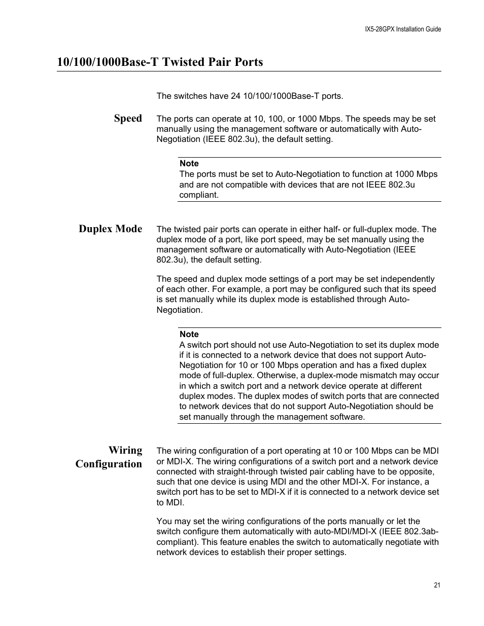 10/100/1000base-t twisted pair ports, Speed, Duplex mode | Wiring configuration, Speed duplex mode wiring configuration | Allied Telesis AT-IX5-28GPX User Manual | Page 21 / 129