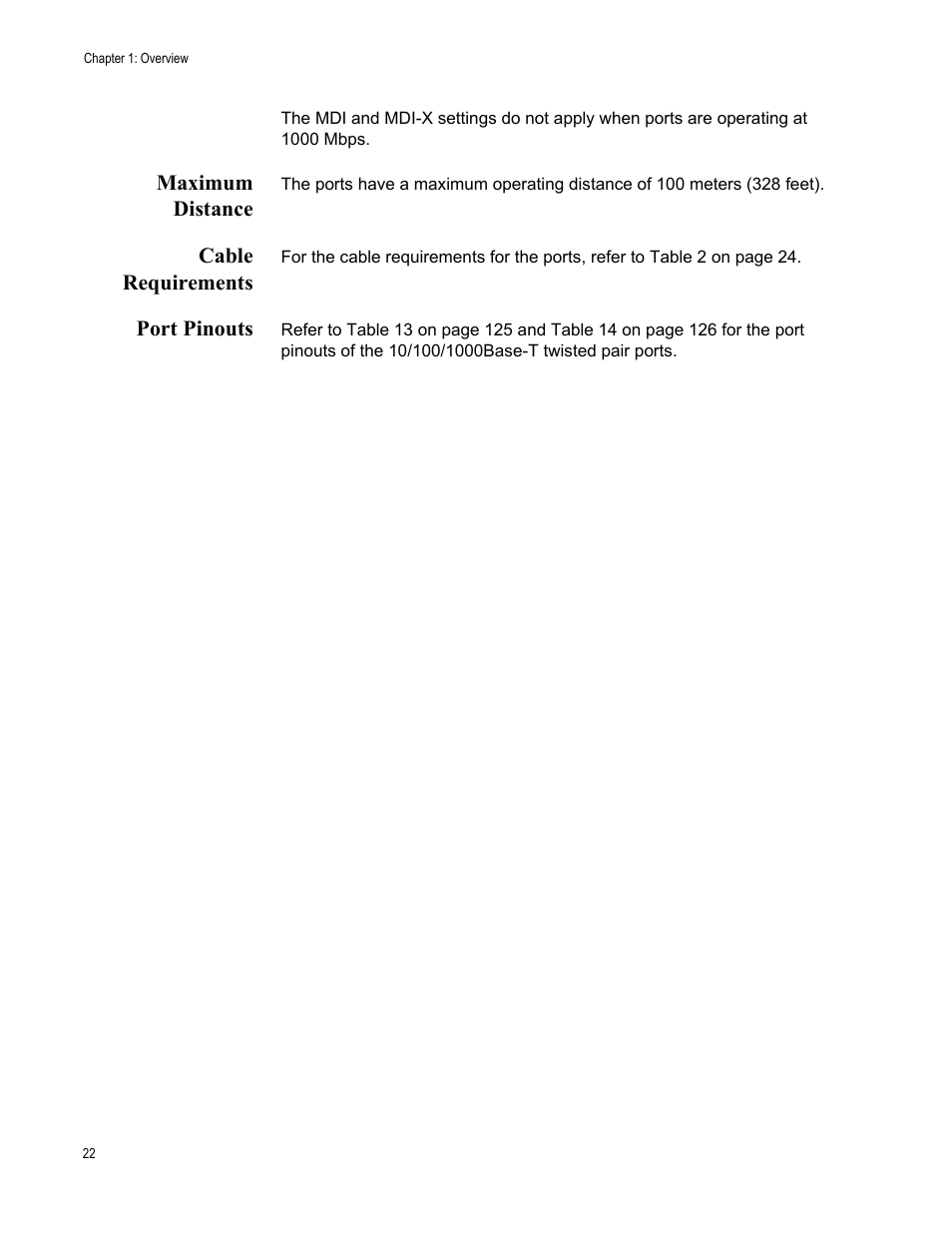 Maximum distance, Cable requirements, Port pinouts | Maximum distance cable requirements port pinouts | Allied Telesis AT-IX5-28GPX User Manual | Page 22 / 129