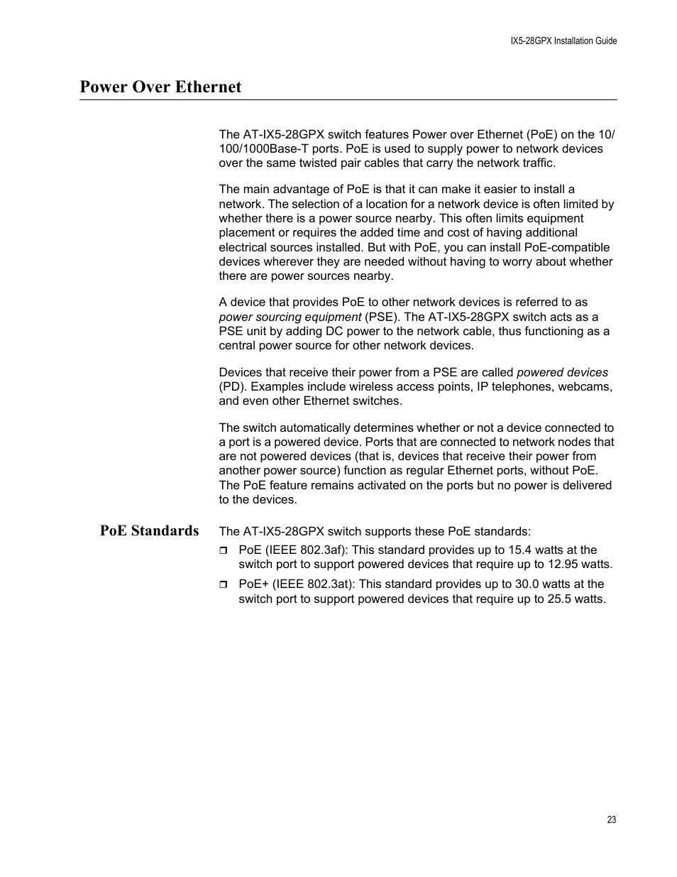 Power over ethernet, Poe standards | Allied Telesis AT-IX5-28GPX User Manual | Page 23 / 129