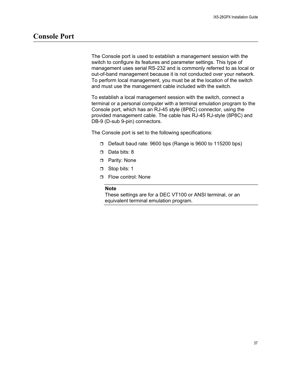 Console port | Allied Telesis AT-IX5-28GPX User Manual | Page 37 / 129