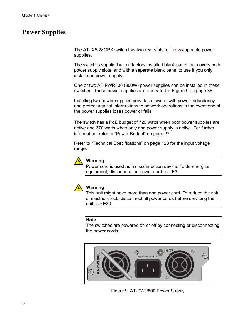 Power supplies, Figure 9: at-pwr800 power supply | Allied Telesis AT-IX5-28GPX User Manual | Page 38 / 129