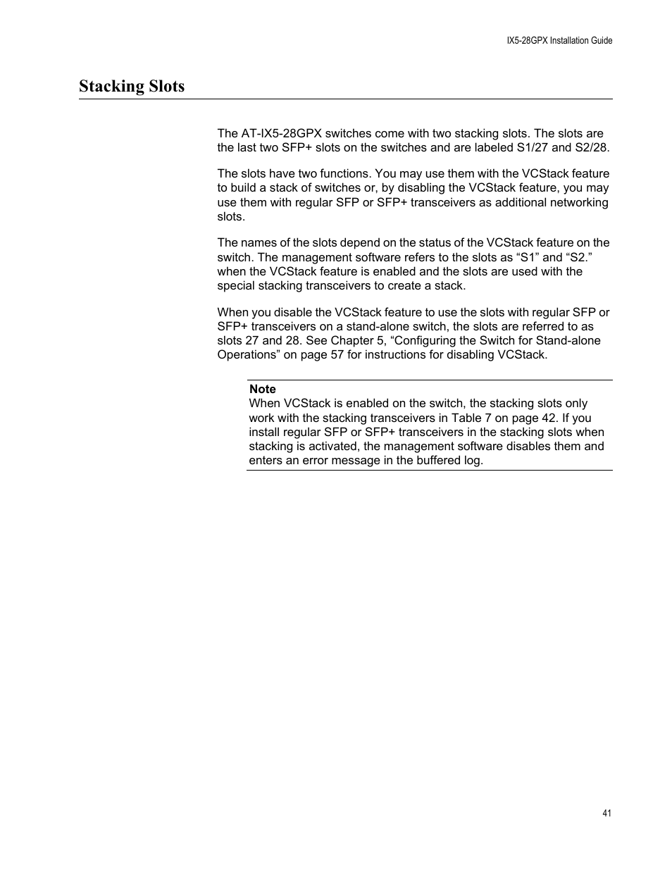 Stacking slots | Allied Telesis AT-IX5-28GPX User Manual | Page 41 / 129
