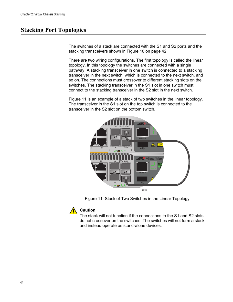 Stacking port topologies, Chapter 2: virtual chassis stacking 44 | Allied Telesis AT-IX5-28GPX User Manual | Page 44 / 129