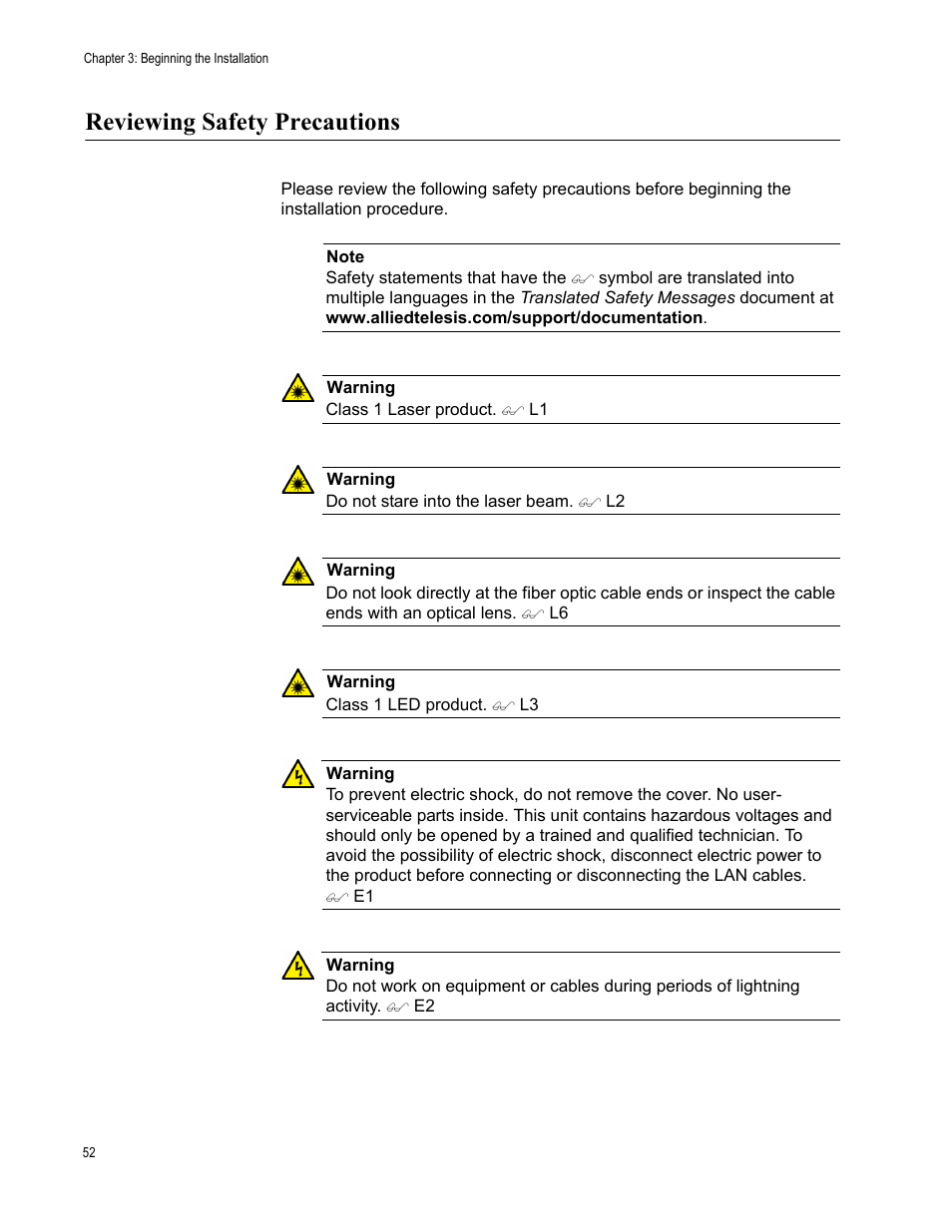Reviewing safety precautions | Allied Telesis AT-IX5-28GPX User Manual | Page 52 / 129