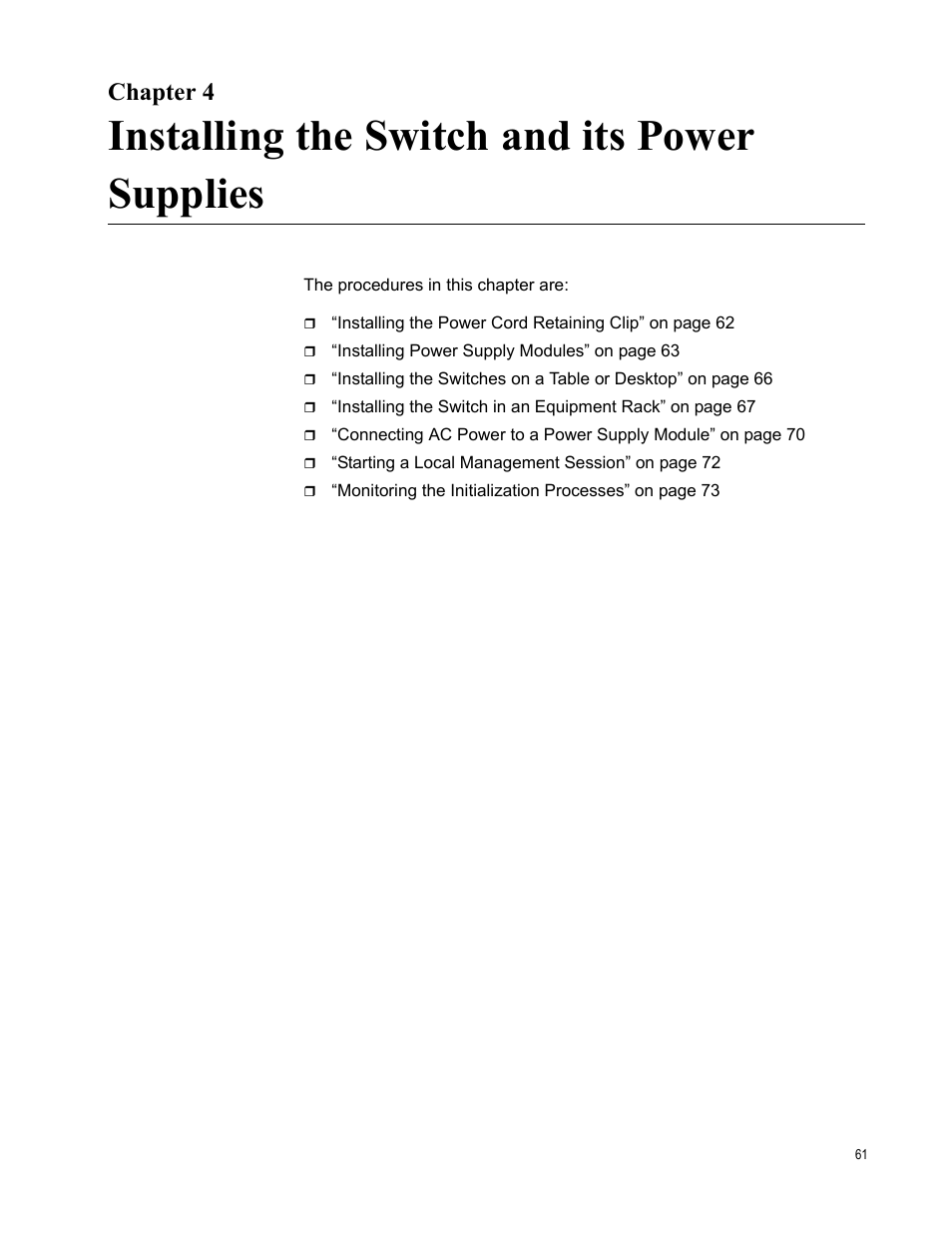 Installing the switch and its power supplies, Chapter 4 | Allied Telesis AT-IX5-28GPX User Manual | Page 61 / 129