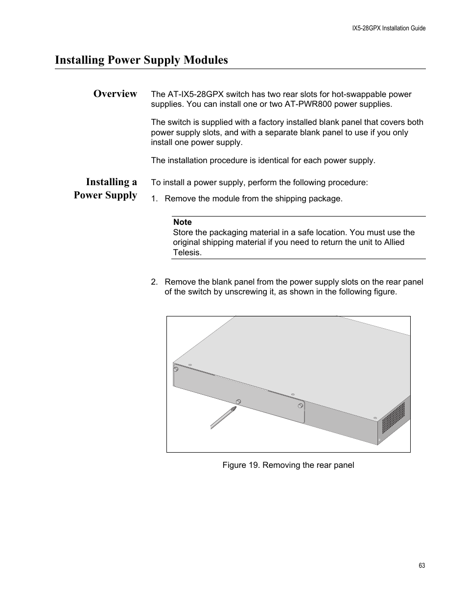 Installing power supply modules, Overview, Installing a power supply | Overview installing a power supply, Figure 19: removing the rear panel | Allied Telesis AT-IX5-28GPX User Manual | Page 63 / 129