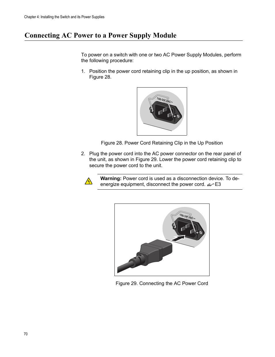 Connecting ac power to a power supply module | Allied Telesis AT-IX5-28GPX User Manual | Page 70 / 129