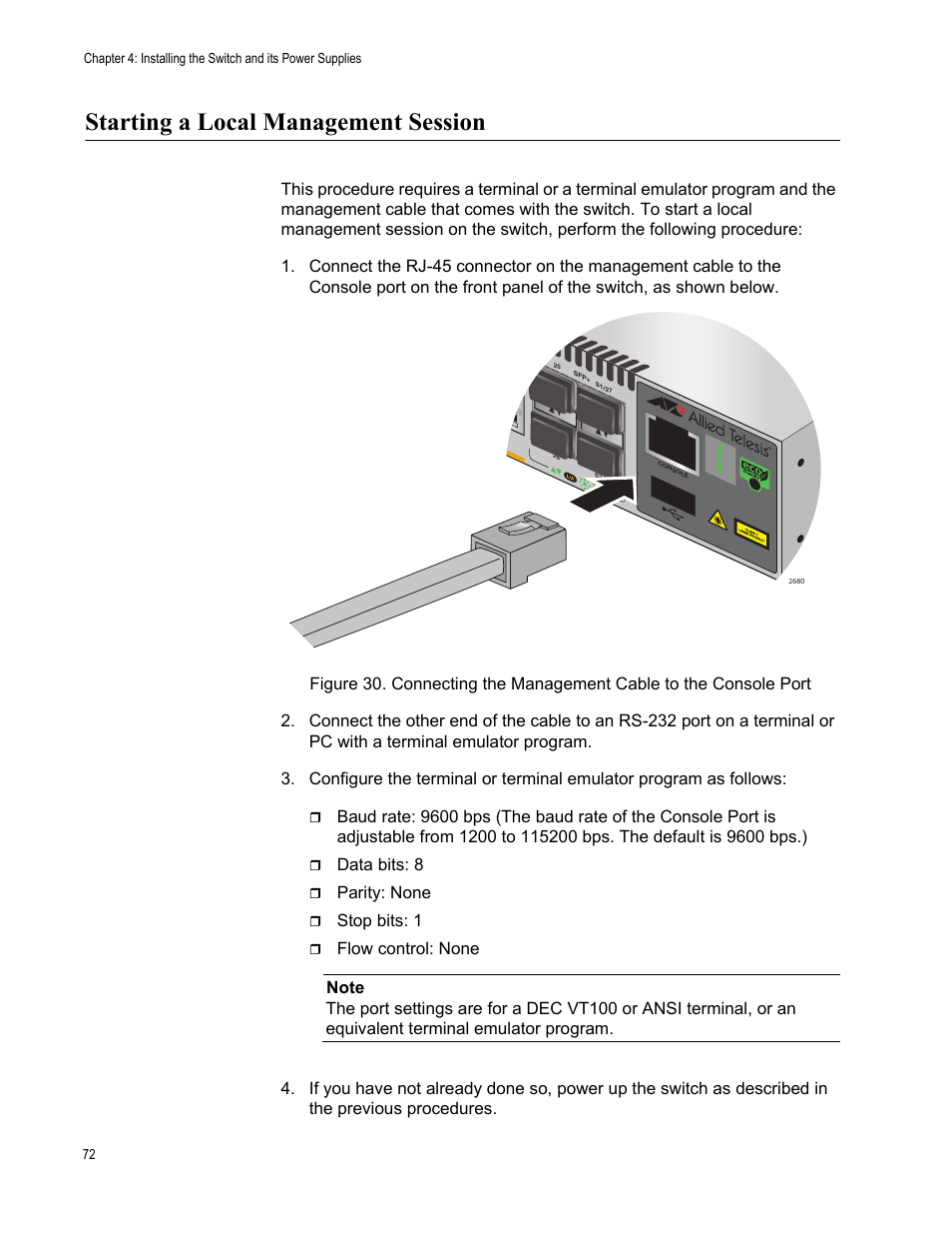 Starting a local management session, Data bits: 8, Parity: none | Stop bits: 1 | Allied Telesis AT-IX5-28GPX User Manual | Page 72 / 129