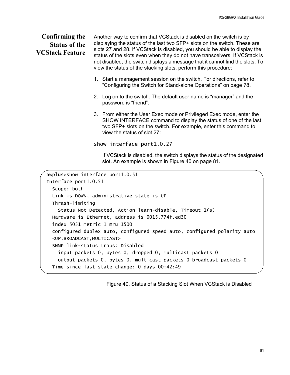 Confirming the status of the vcstack feature | Allied Telesis AT-IX5-28GPX User Manual | Page 81 / 129
