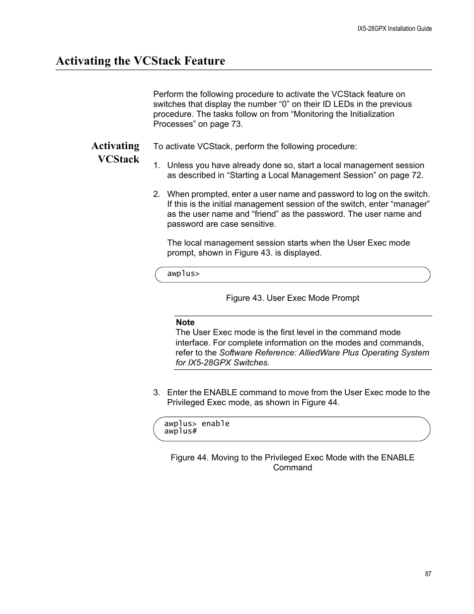 Activating the vcstack feature, Activating vcstack | Allied Telesis AT-IX5-28GPX User Manual | Page 87 / 129