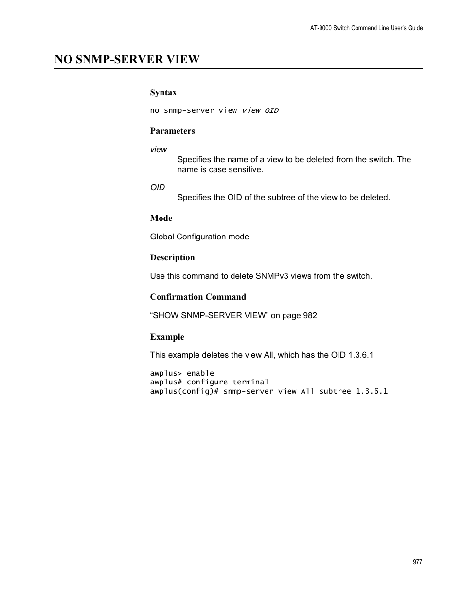 No snmp-server view | Allied Telesis AT-9000 Series User Manual | Page 1005 / 1480