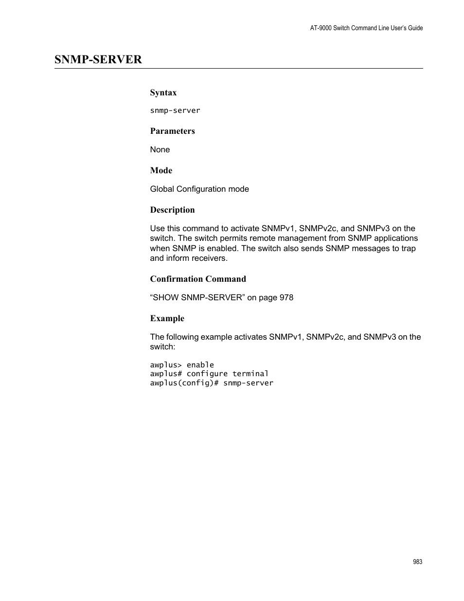 Snmp-server | Allied Telesis AT-9000 Series User Manual | Page 1011 / 1480