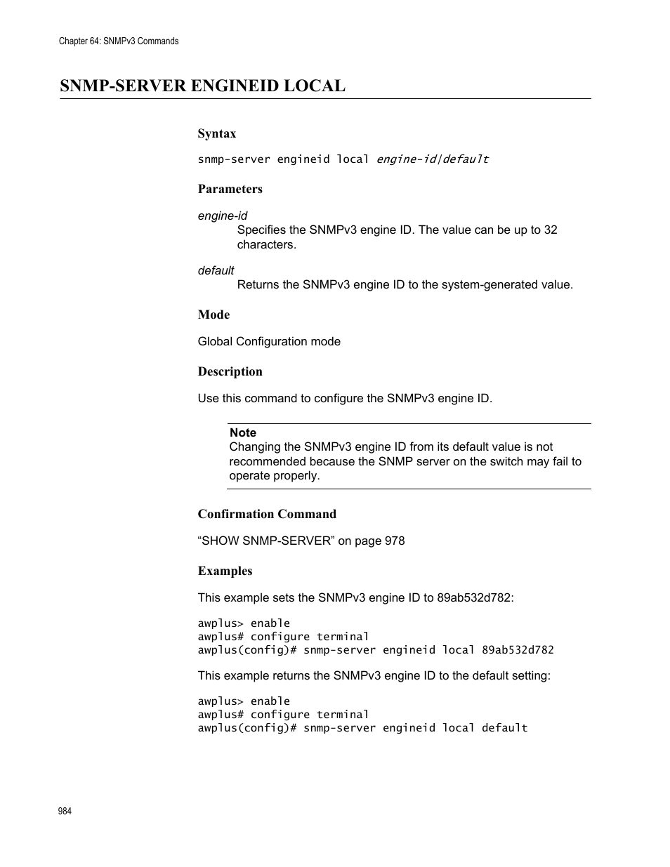 Snmp-server engineid local | Allied Telesis AT-9000 Series User Manual | Page 1012 / 1480