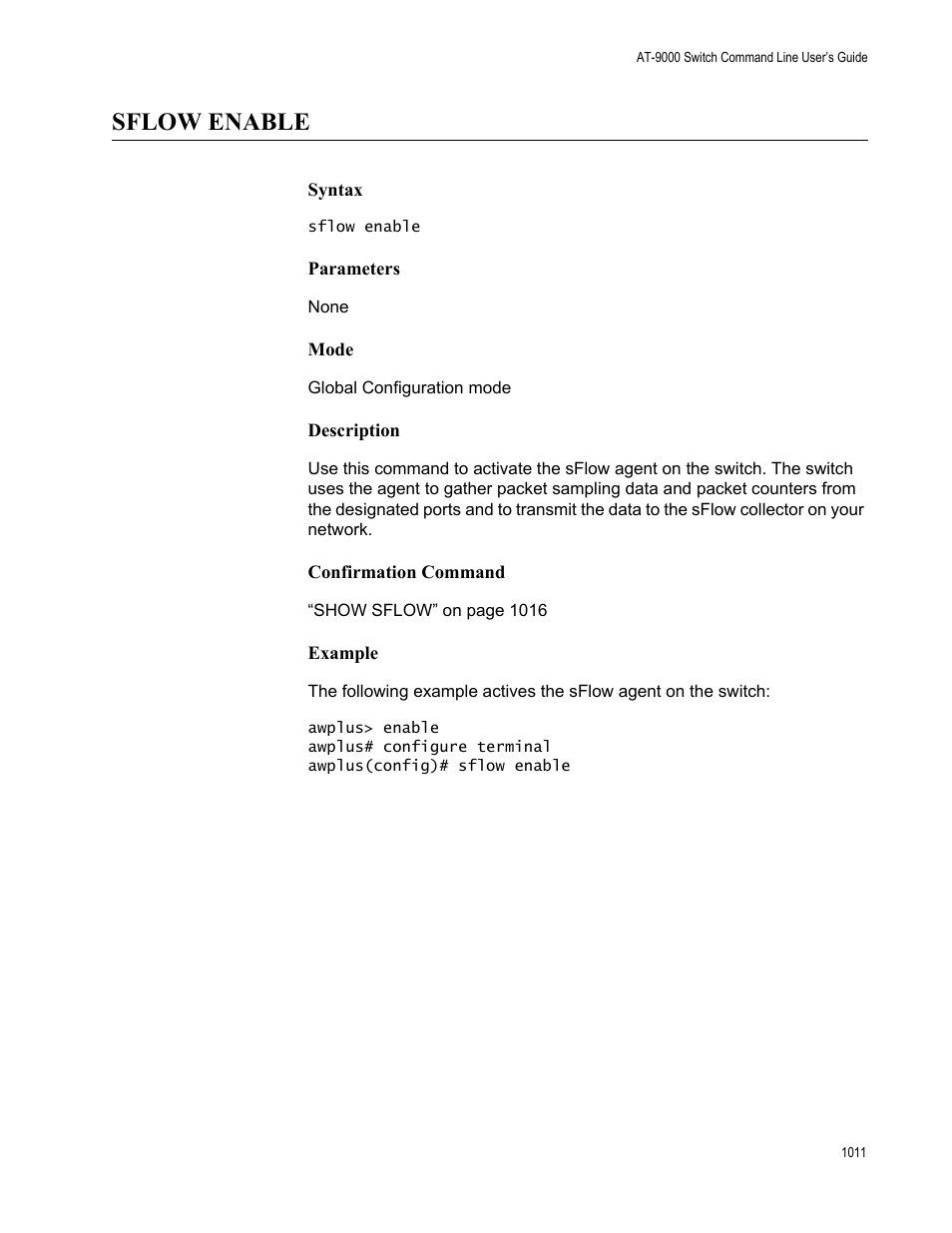 Sflow enable, Sflow enable 1 | Allied Telesis AT-9000 Series User Manual | Page 1039 / 1480