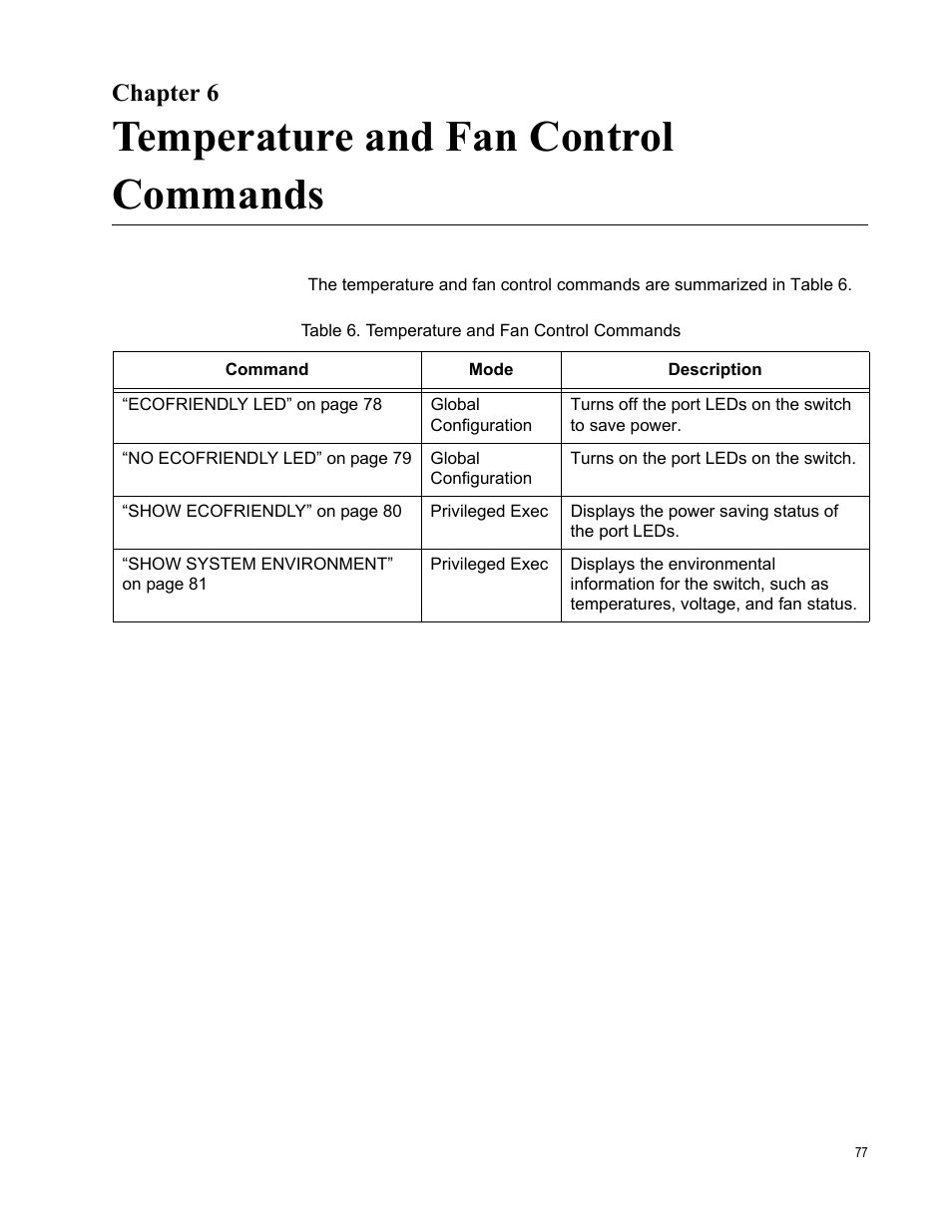 Chapter 6, Temperature and fan control commands, R 6: temperature and fan control commands | Table 6. temperature and fan control commands | Allied Telesis AT-9000 Series User Manual | Page 105 / 1480