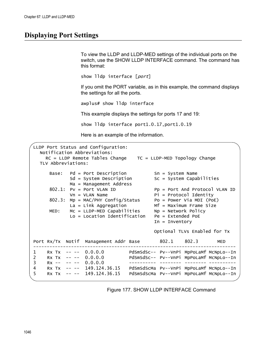 Displaying port settings, Displaying port settings 6, Figure 177: show lldp interface command 6 | Allied Telesis AT-9000 Series User Manual | Page 1074 / 1480