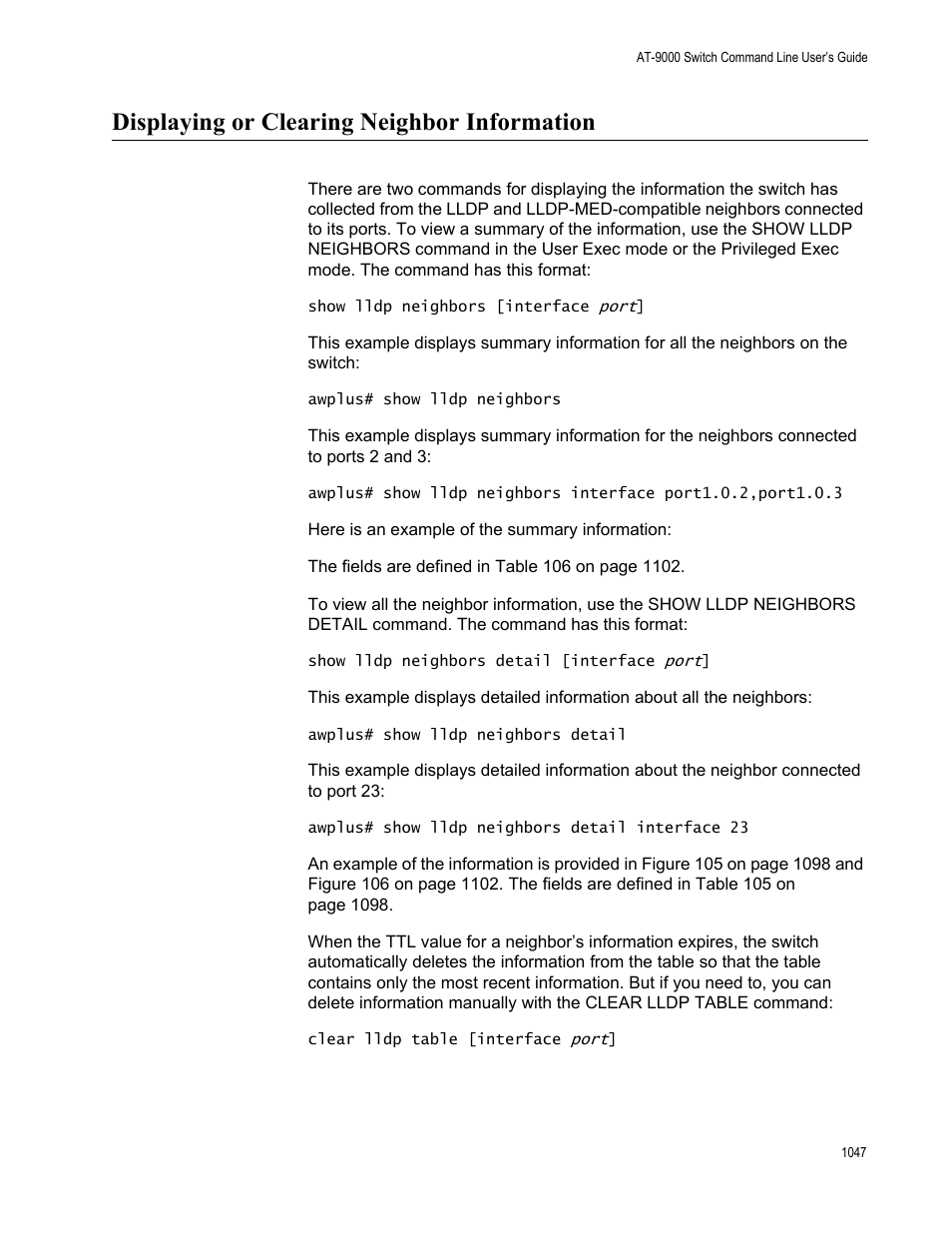 Displaying or clearing neighbor information, Displaying or clearing neighbor information 7 | Allied Telesis AT-9000 Series User Manual | Page 1075 / 1480