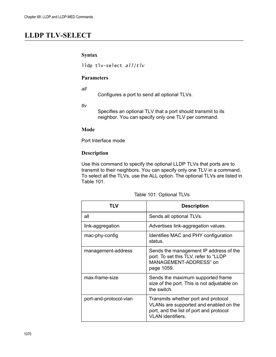 Lldp tlv-select, Lldp tlv-select 0, Table 101. optional tlvs 0 | Allied Telesis AT-9000 Series User Manual | Page 1098 / 1480