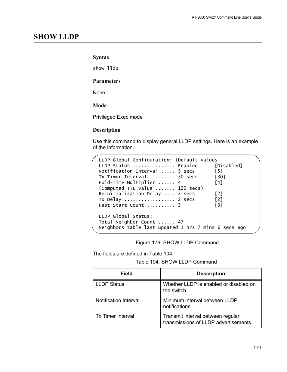 Show lldp, Show lldp 1, Figure 179: show lldp command 1 | Table 104. show lldp command 1 | Allied Telesis AT-9000 Series User Manual | Page 1119 / 1480