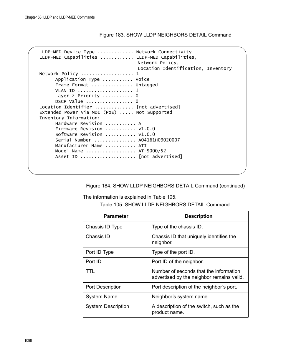 Table 105. show lldp neighbors detail command 8 | Allied Telesis AT-9000 Series User Manual | Page 1126 / 1480