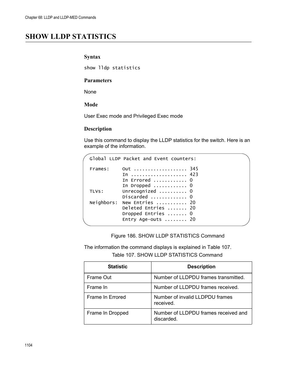 Show lldp statistics, Show lldp statistics 4, Figure 186: show lldp statistics command 4 | Table 107. show lldp statistics command 4 | Allied Telesis AT-9000 Series User Manual | Page 1132 / 1480