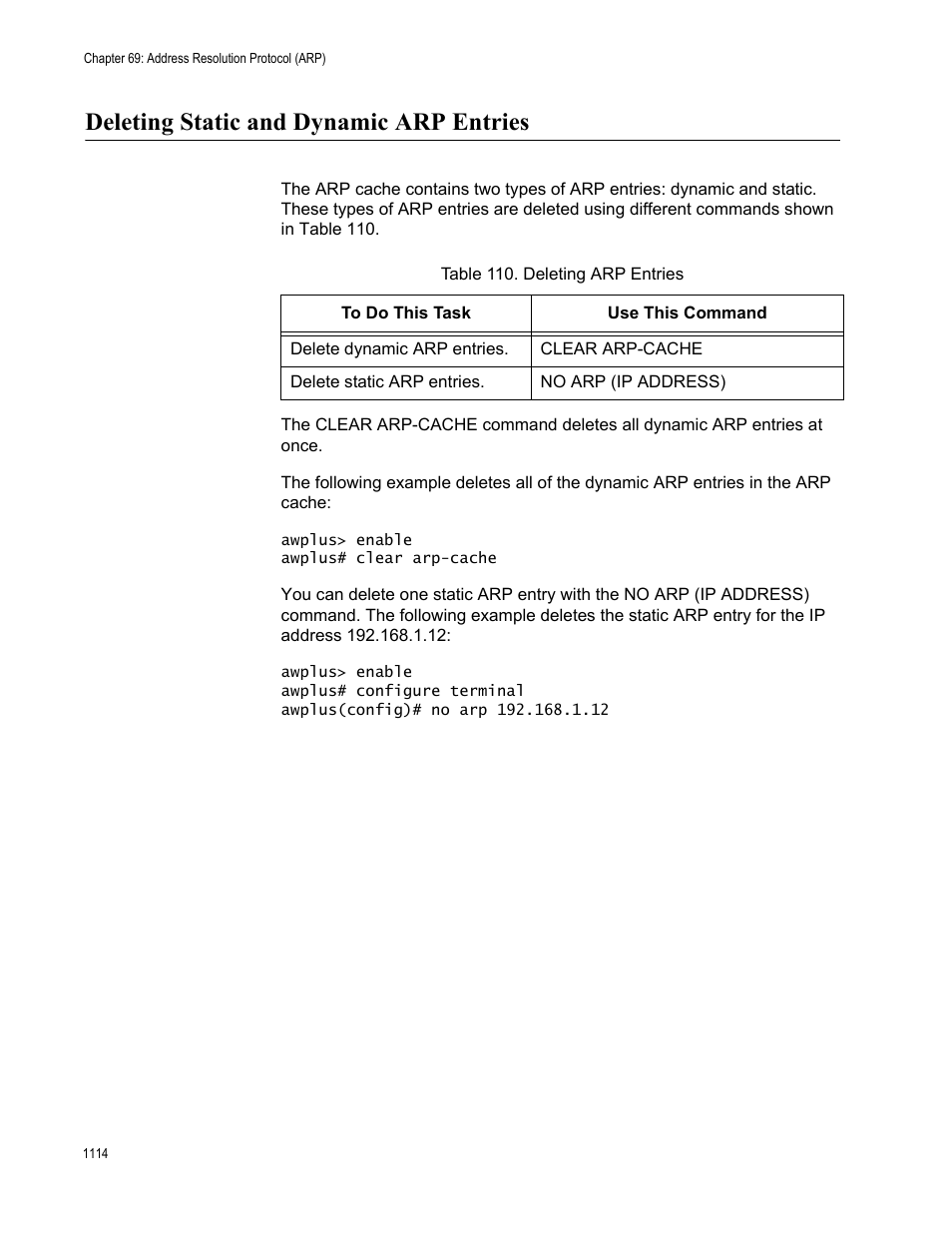 Deleting static and dynamic arp entries, Deleting static and dynamic arp entries 4, Table 110. deleting arp entries 4 | Allied Telesis AT-9000 Series User Manual | Page 1142 / 1480