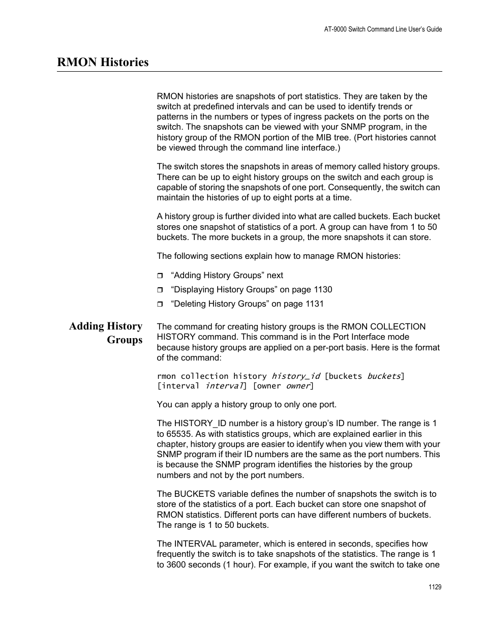 Rmon histories, Adding history groups, Rmon histories 9 | Adding history groups 9 | Allied Telesis AT-9000 Series User Manual | Page 1157 / 1480