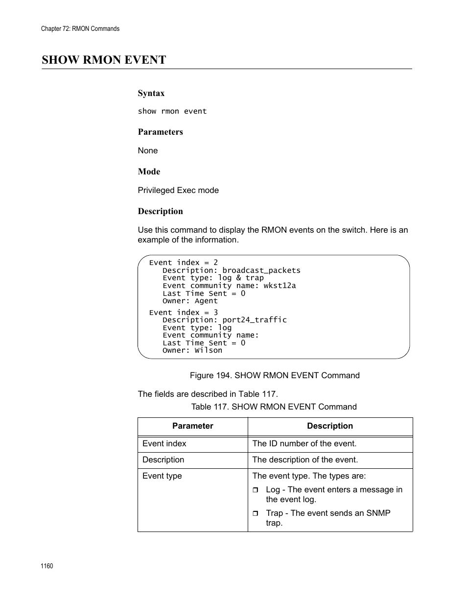 Show rmon event, Show rmon event 0, Figure 194: show rmon event command 0 | Table 117. show rmon event command 0 | Allied Telesis AT-9000 Series User Manual | Page 1188 / 1480