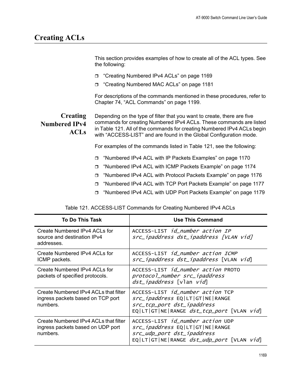 Creating acls, Creating numbered ipv4 acls, Creating acls 9 | Creating numbered ipv4 acls 9 | Allied Telesis AT-9000 Series User Manual | Page 1197 / 1480