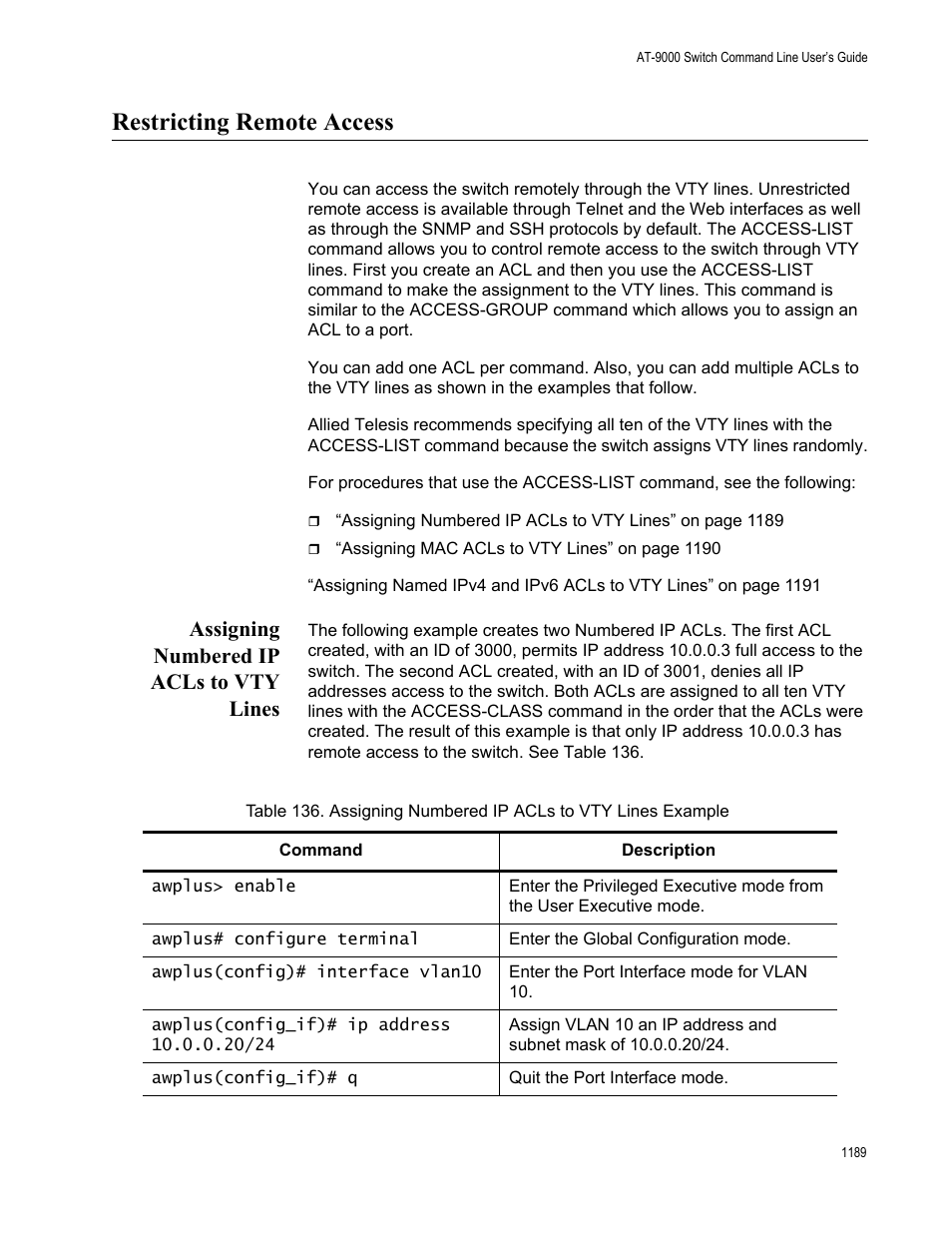 Restricting remote access, Assigning numbered ip acls to vty lines, Restricting remote access 9 | Assigning numbered ip acls to vty lines 9 | Allied Telesis AT-9000 Series User Manual | Page 1217 / 1480