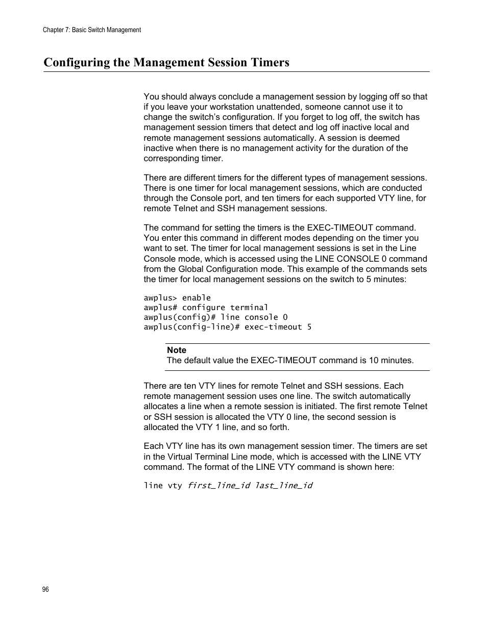 Configuring the management session timers | Allied Telesis AT-9000 Series User Manual | Page 124 / 1480