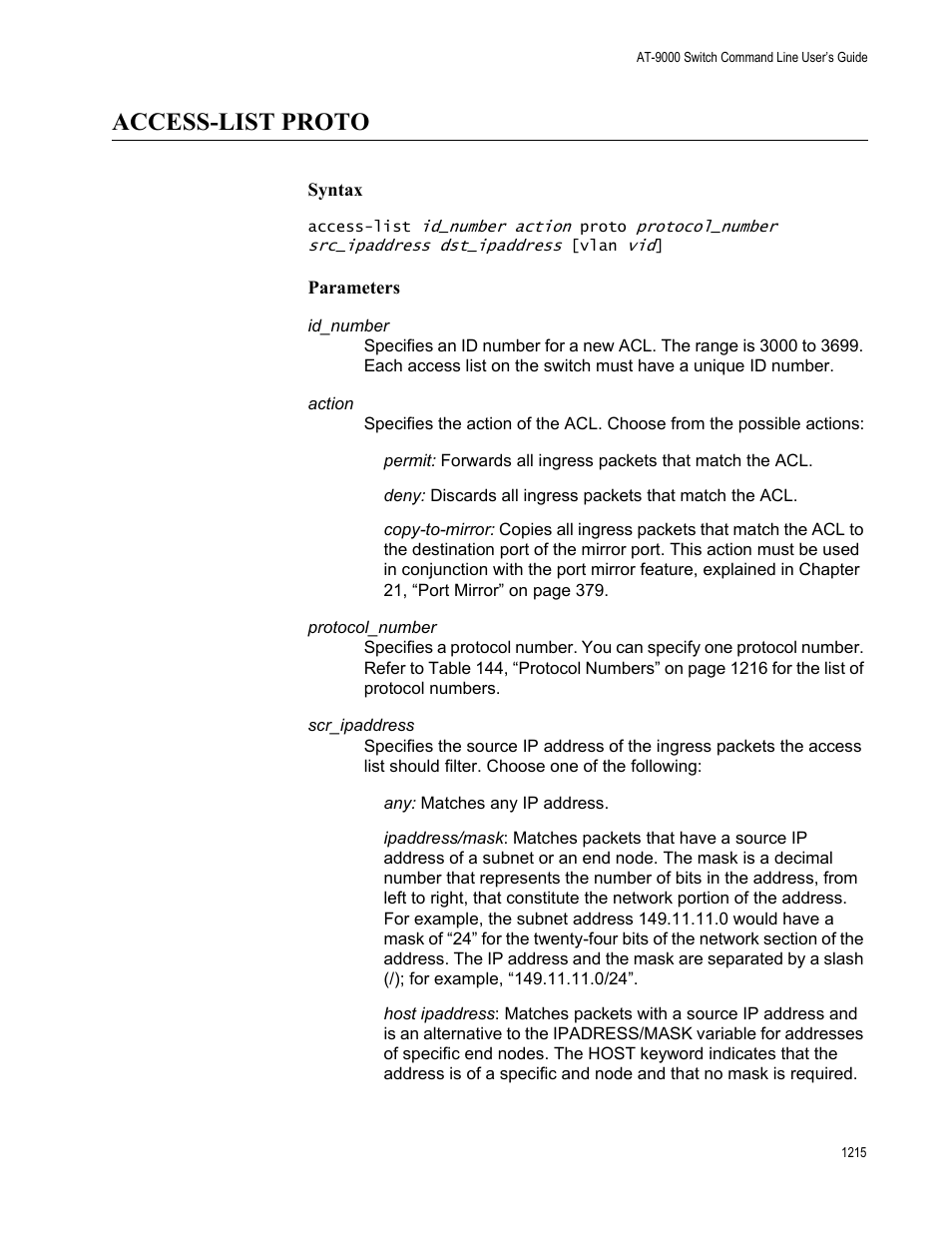 Access-list proto, Access-list proto 5 | Allied Telesis AT-9000 Series User Manual | Page 1243 / 1480