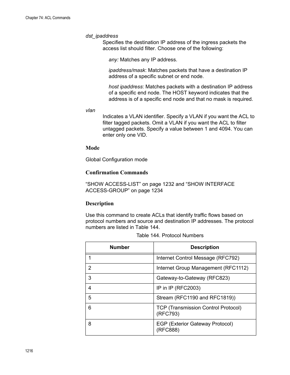 Table 144. protocol numbers 6 | Allied Telesis AT-9000 Series User Manual | Page 1244 / 1480