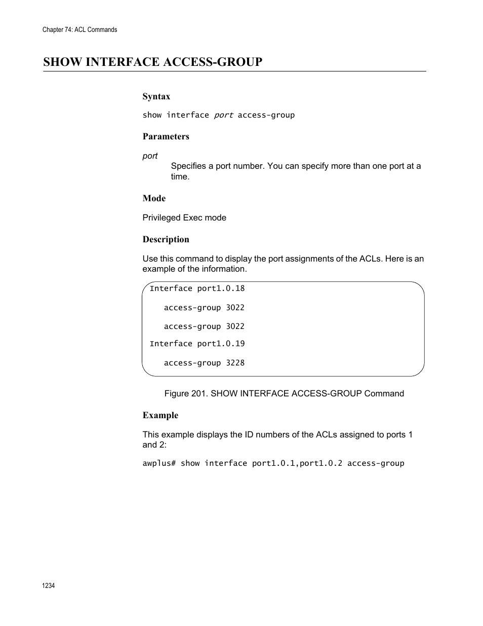 Show interface access-group, Show interface access-group 4, Figure 201: show interface access-group command 4 | Allied Telesis AT-9000 Series User Manual | Page 1262 / 1480