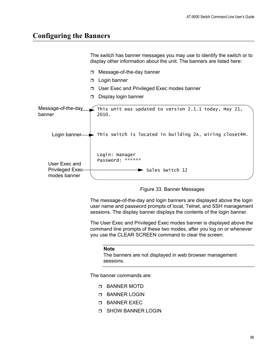 Configuring the banners, Figure 33: banner messages | Allied Telesis AT-9000 Series User Manual | Page 127 / 1480