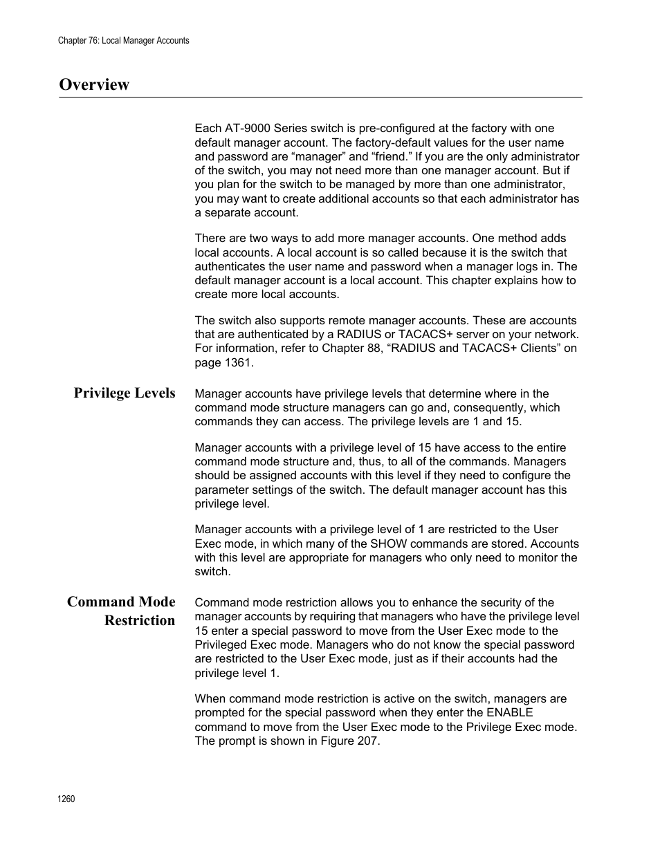 Overview, Privilege levels, Command mode restriction | Overview 0, Privilege levels 0 command mode restriction 0 | Allied Telesis AT-9000 Series User Manual | Page 1288 / 1480