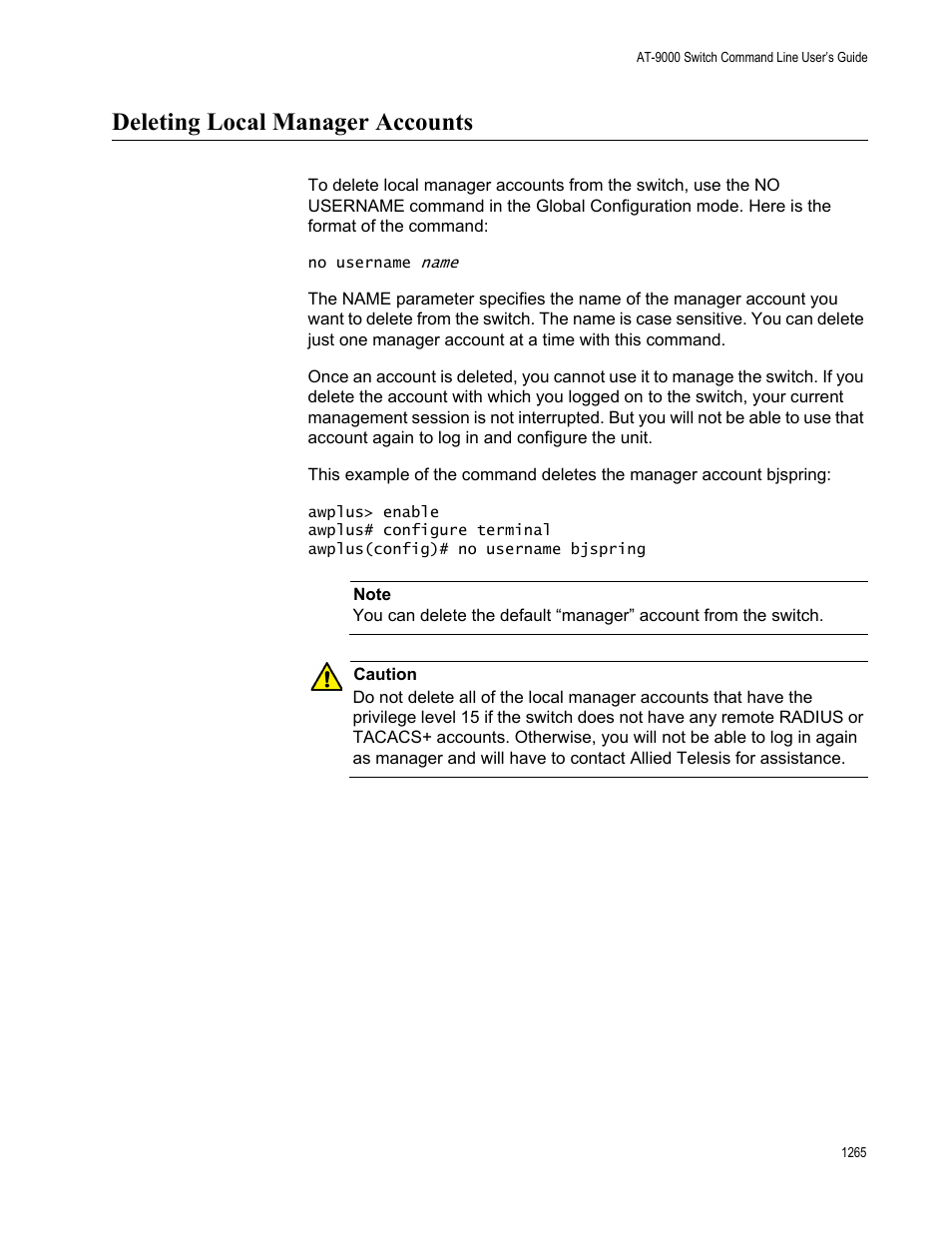 Deleting local manager accounts, Deleting local manager accounts 5 | Allied Telesis AT-9000 Series User Manual | Page 1293 / 1480