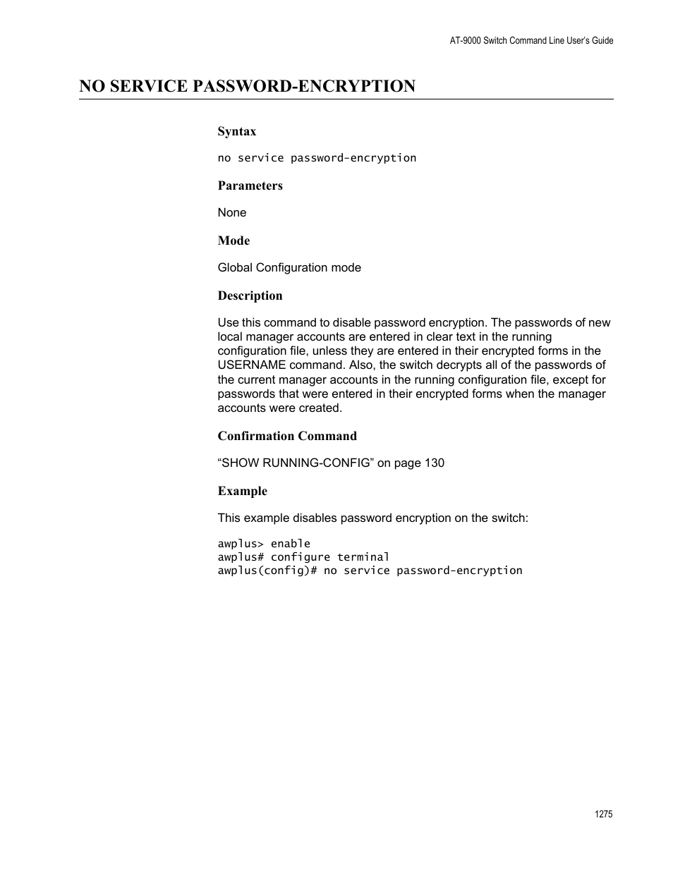 No service password-encryption, No service password-encryption 5 | Allied Telesis AT-9000 Series User Manual | Page 1303 / 1480