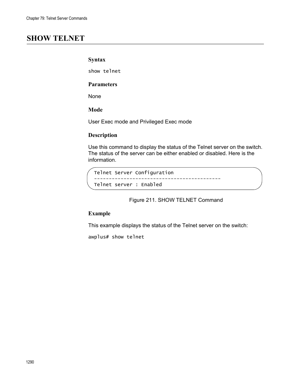 Show telnet, Show telnet 0, Figure 211: show telnet command 0 | Allied Telesis AT-9000 Series User Manual | Page 1318 / 1480